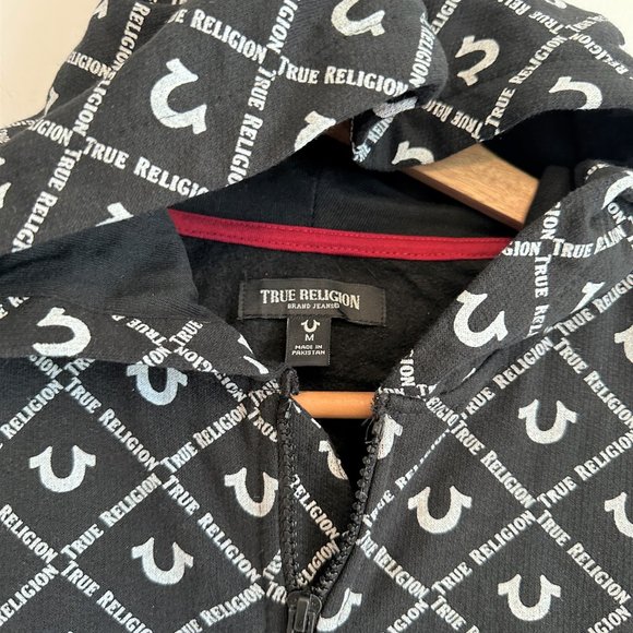 True Religion New Black & White Logo-Print Full Zip-Up Hoodie Youth MEDIUM - Picture 5 of 9